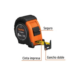 Flexómetro Gripper contra impactos 8 m cinta 25 mm. Truper